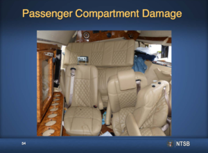 This slide from the NTSB’s presentation shows the crushed interior of the limo after the collision. 